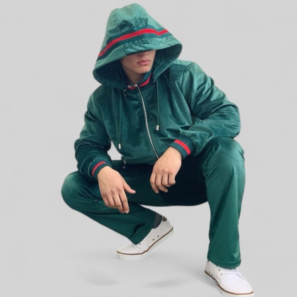 Men’s Manzini Green | Red Hooded Velvet Casual Tracksuit NWT